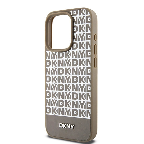 DKNY Leather Printed Pattern Metal Logo MagSafe Case for iPhone 15 Pro - Brown_5