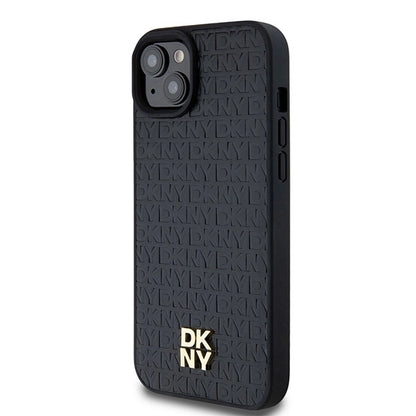 DKNY Leather Monogram Pattern Metal Logo MagSafe Case for iPhone 15 Plus / 14 Plus - Black_1