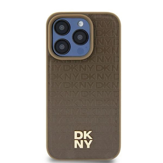 DKNY Leather Pattern Metal Logo MagSafe Case for iPhone 15 Plus / 14 Plus - Brown_0