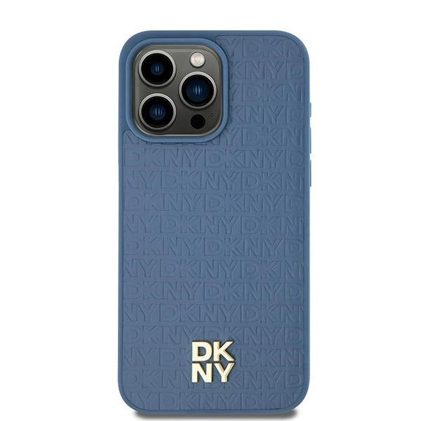 DKNY Leather Pattern Metal Logo MagSafe Case for iPhone 15/14/13 - Blue_0