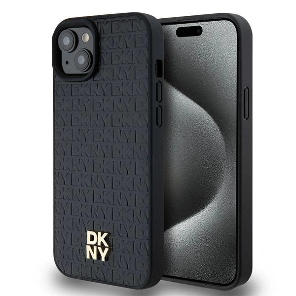 DKNY Leather Pattern Metal Logo MagSafe Case for iPhone 15/14/13 - Black_0