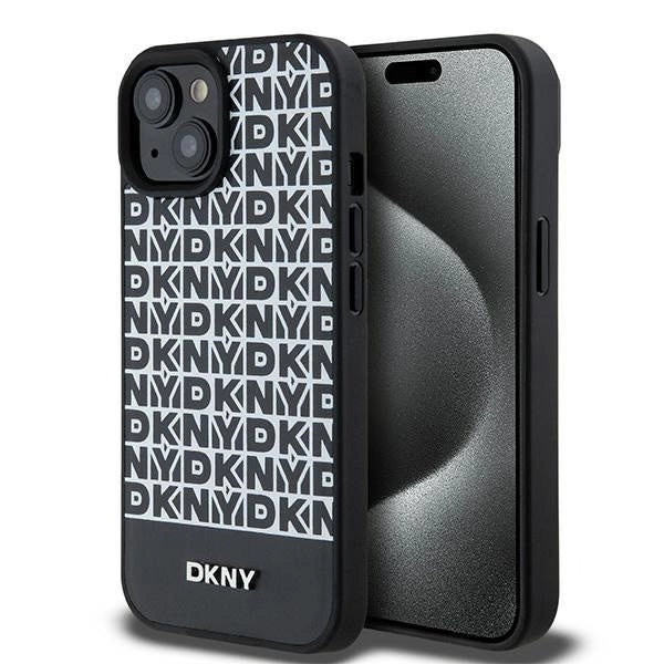DKNY Leather Printed Pattern Metal Logo MagSafe Case for iPhone 15/14/13 - Black_0
