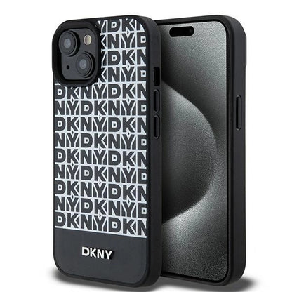 DKNY Leather Printed Pattern Metal Logo MagSafe Case for iPhone 15/14/13 - Black_0