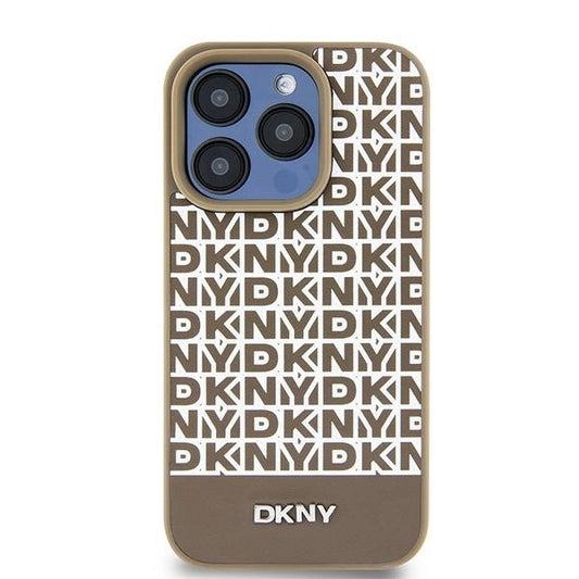 DKNY Leather Printed Pattern Metal Logo MagSafe Case for iPhone 15/14/13 - Brown_0