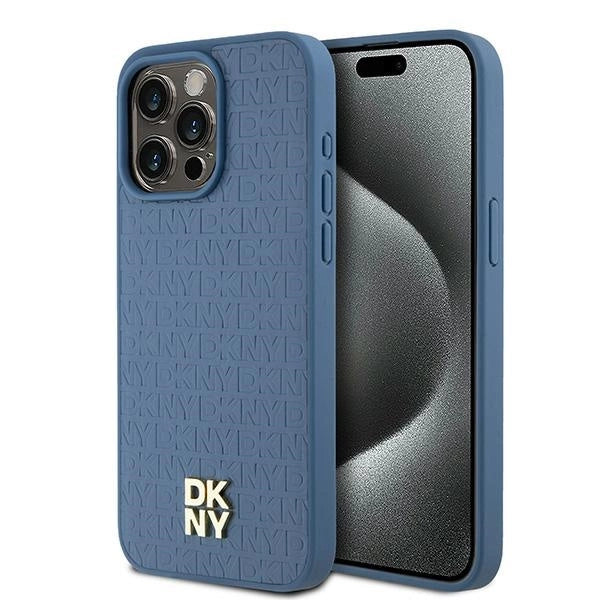DKNY Leather Monogram Pattern Metal Logo MagSafe Case for iPhone 15 Pro Max - Blue_0
