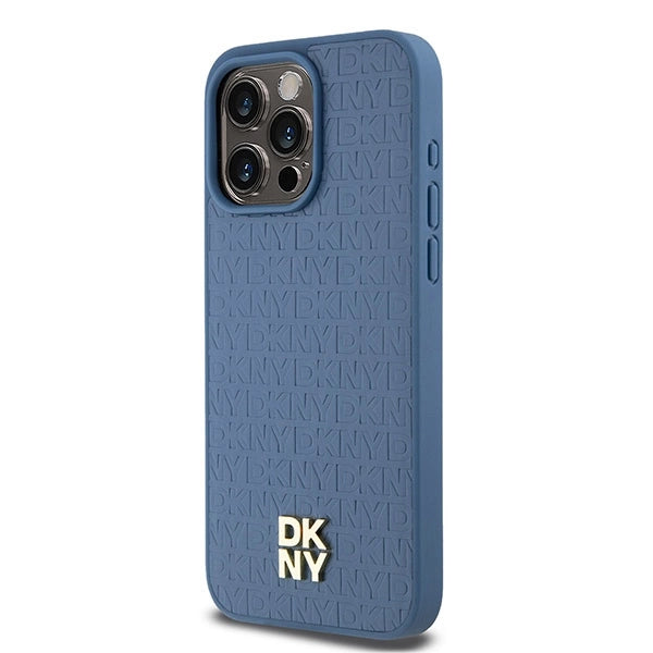 DKNY Leather Monogram Pattern Metal Logo MagSafe Case for iPhone 15 Pro Max - Blue_1