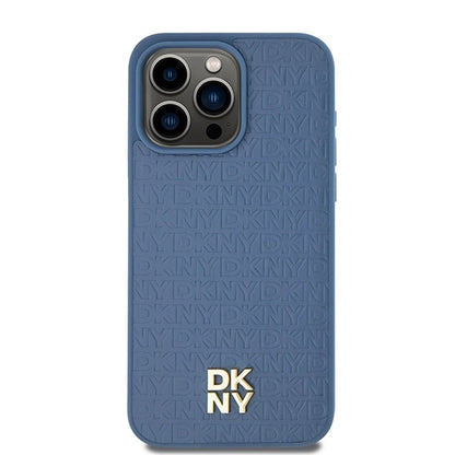 DKNY Leather Monogram Pattern Metal Logo MagSafe Case for iPhone 15 Pro Max - Blue_2