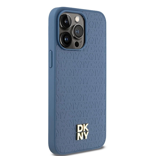 DKNY Leather Monogram Pattern Metal Logo MagSafe Case for iPhone 15 Pro Max - Blue_3