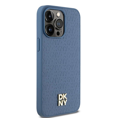 DKNY Leather Monogram Pattern Metal Logo MagSafe Case for iPhone 15 Pro Max - Blue_3