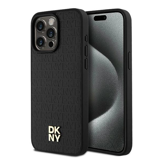 DKNY Leather Monogram Pattern Metal Logo MagSafe Case for iPhone 15 Pro Max - Black_0