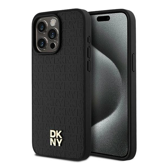 DKNY Leather Monogram Pattern Metal Logo MagSafe Case for iPhone 15 Pro Max - Black_0