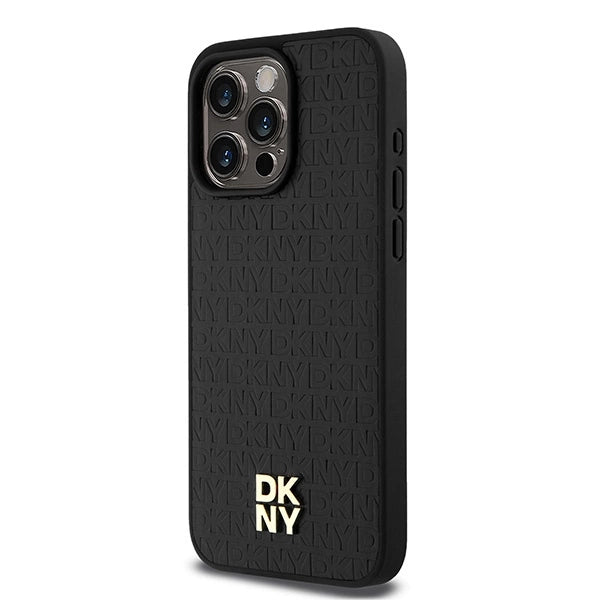 DKNY Leather Monogram Pattern Metal Logo MagSafe Case for iPhone 15 Pro Max - Black_1
