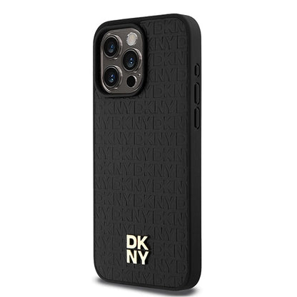 DKNY Leather Monogram Pattern Metal Logo MagSafe Case for iPhone 15 Pro Max - Black_1