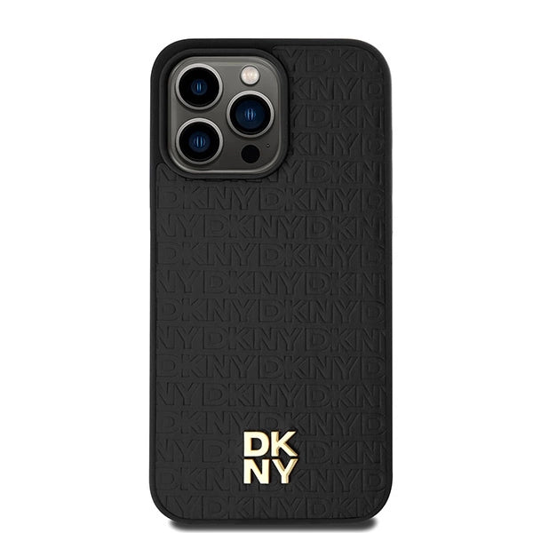 DKNY Leather Monogram Pattern Metal Logo MagSafe Case for iPhone 15 Pro Max - Black_2