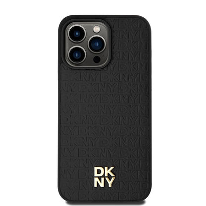 DKNY Leather Monogram Pattern Metal Logo MagSafe Case for iPhone 15 Pro Max - Black_2