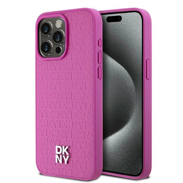 DKNY Leather Monogram Pattern Metal Logo MagSafe Case for iPhone 15 Pro Max - Pink_0