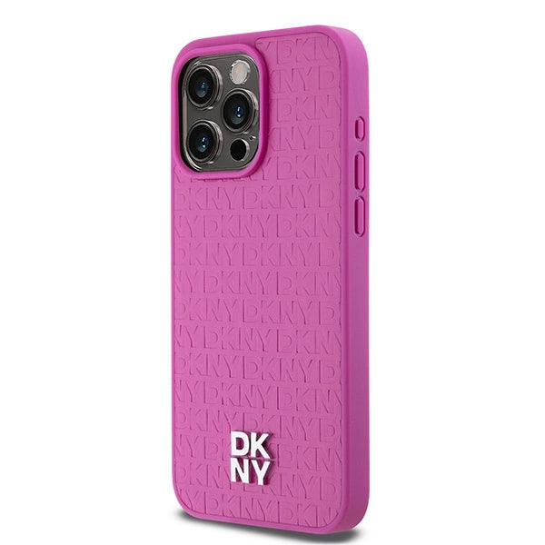 DKNY Leather Monogram Pattern Metal Logo MagSafe Case for iPhone 15 Pro Max - Pink_1
