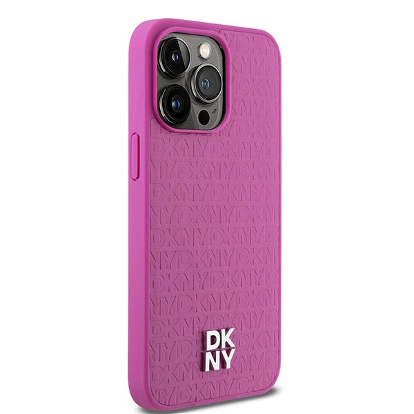 DKNY Leather Monogram Pattern Metal Logo MagSafe Case for iPhone 15 Pro Max - Pink_3