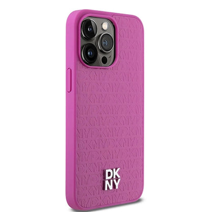 DKNY Leather Monogram Pattern Metal Logo MagSafe Case for iPhone 15 Pro Max - Pink_3