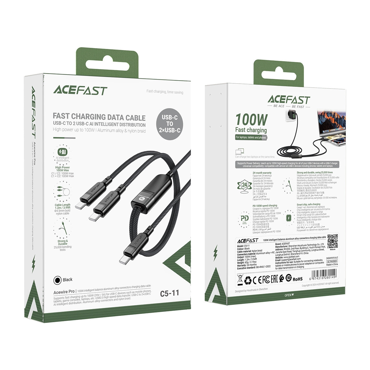 Acefast C5 USB-C - USB-C / USB-C 2in1 100W 480Mb/s cable - black_4