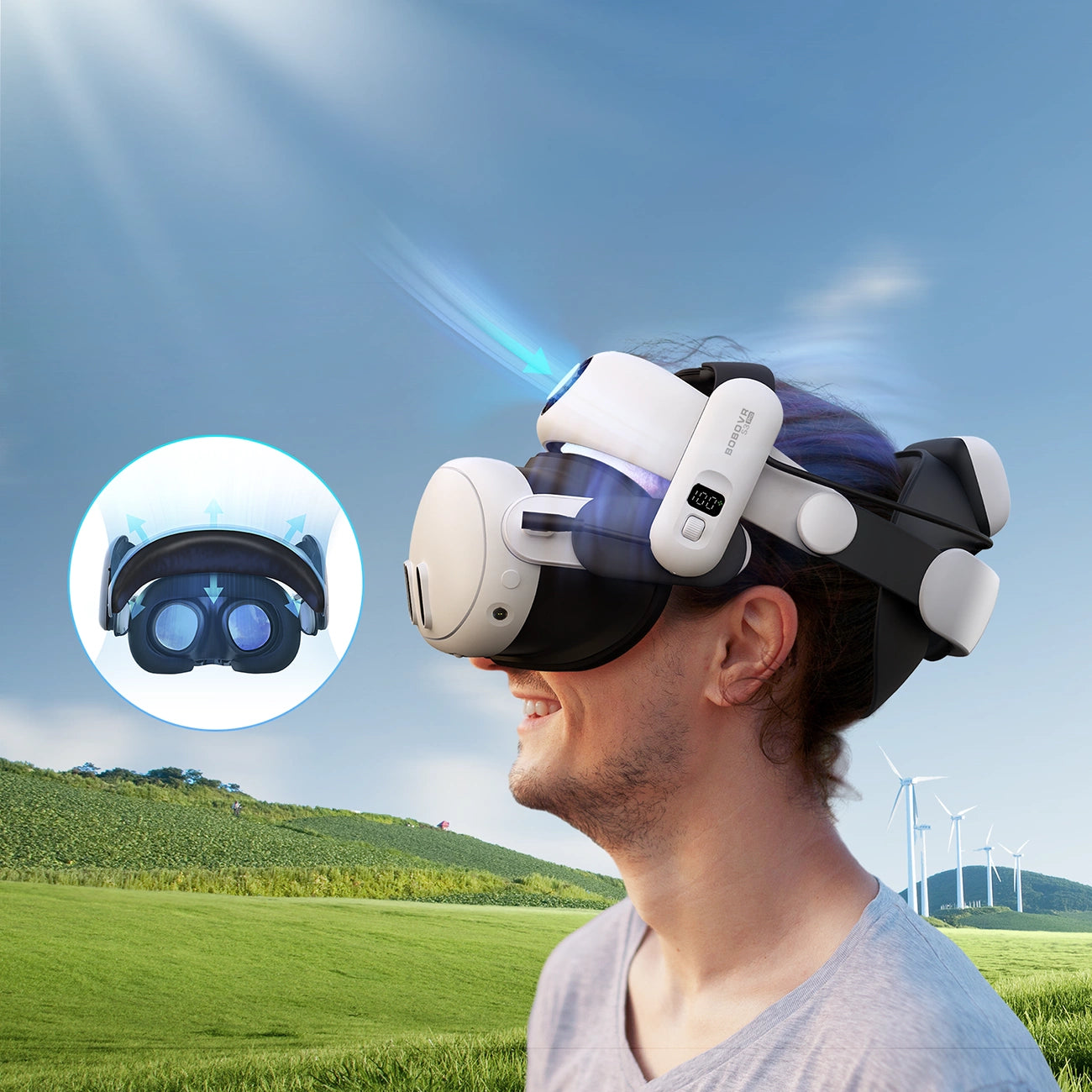 BoboVR S3 Pro strain relief strap for Meta Quest 3 VR goggles + B100 external battery - white and black_5