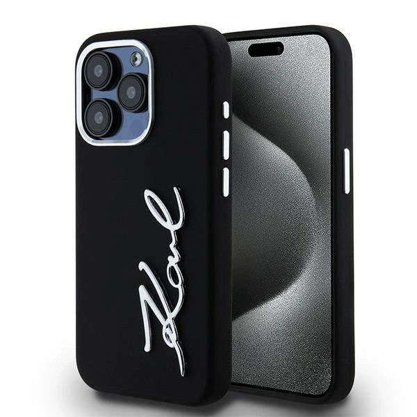 Karl Lagerfeld Silicone Metal Script Logo case for iPhone 15 Pro - black_0