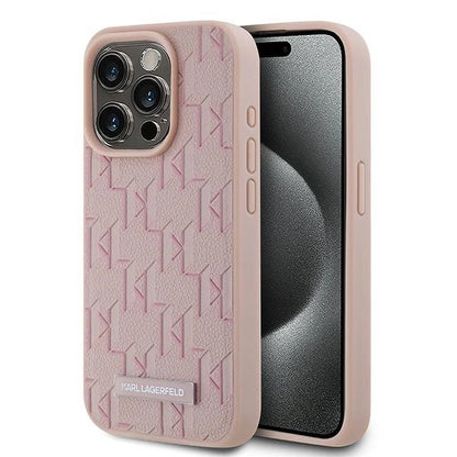 Karl Lagerfeld Leather Monogram Metal Logo case for iPhone 15 Pro - pink_0