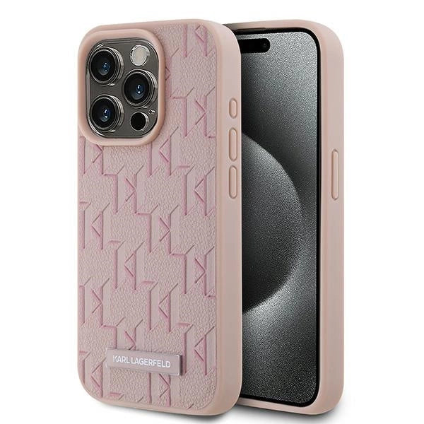Karl Lagerfeld Leather Monogram Metal Logo case for iPhone 15 Pro Max - pink_0