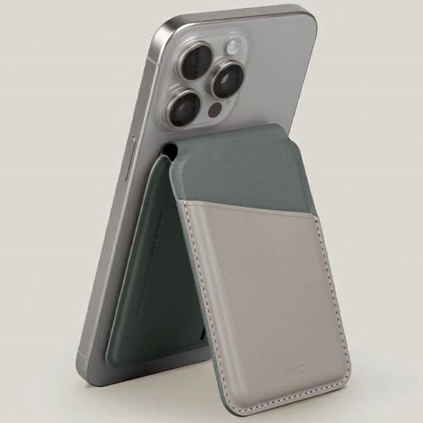 Uniq Lyden DS magnetic RFID wallet with phone stand - beige and green_2