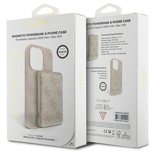 Guess 4G Metal Logo case set for iPhone 15 Pro + 5000mAh MagSafe power bank - pink_10