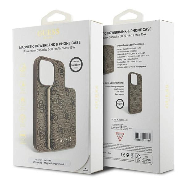 Guess 4G Metal Logo case set for iPhone 15 + 5000mAh MagSafe power bank - brown_10