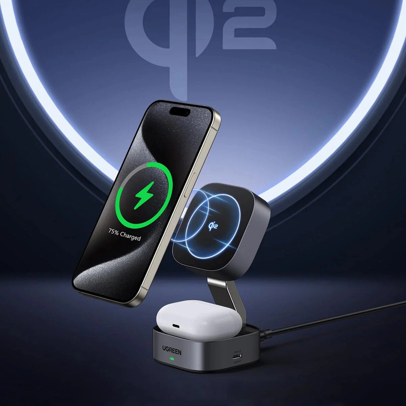 Ugreen W702 3in1 inductive charger with MagSafe / Qi2 and USB-C port for phone / headphones - black_10