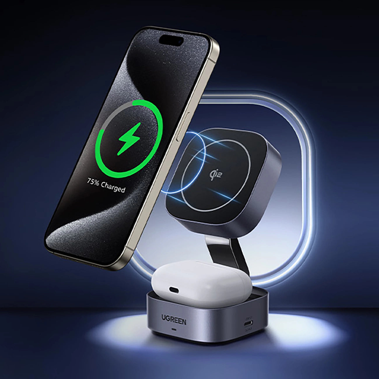 Ugreen W702 3in1 inductive charger with MagSafe / Qi2 and USB-C port for phone / headphones - black_4