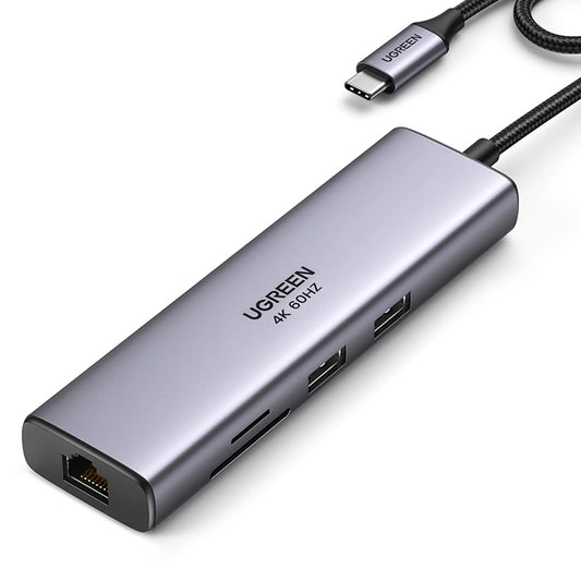 Ugreen CM512 90568 USB-C Adapter - 2x USB-A 3.0 / HDMI / RJ45 / SD and TF Card Reader / USB-C PD 100W - Gray_0