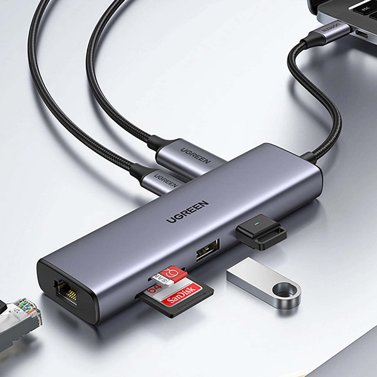 Ugreen CM512 90568 USB-C Adapter - 2x USB-A 3.0 / HDMI / RJ45 / SD and TF Card Reader / USB-C PD 100W - Gray_18
