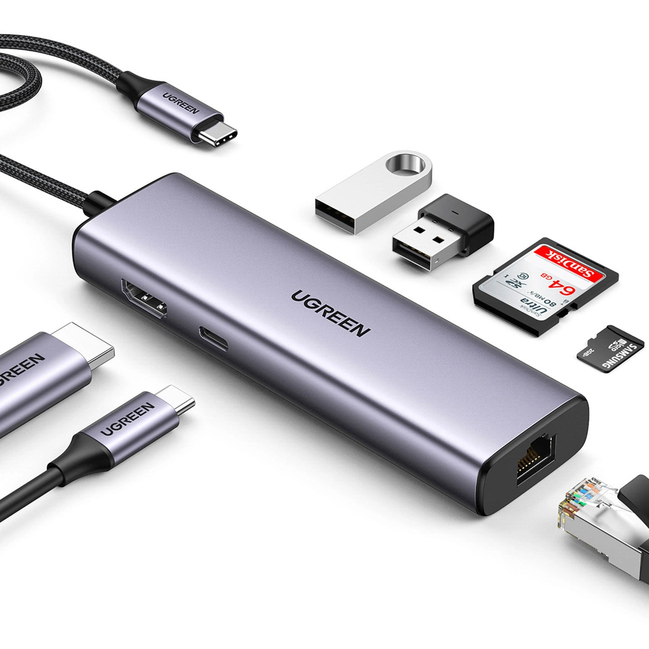Ugreen CM512 90568 USB-C Adapter - 2x USB-A 3.0 / HDMI / RJ45 / SD and TF Card Reader / USB-C PD 100W - Gray_1