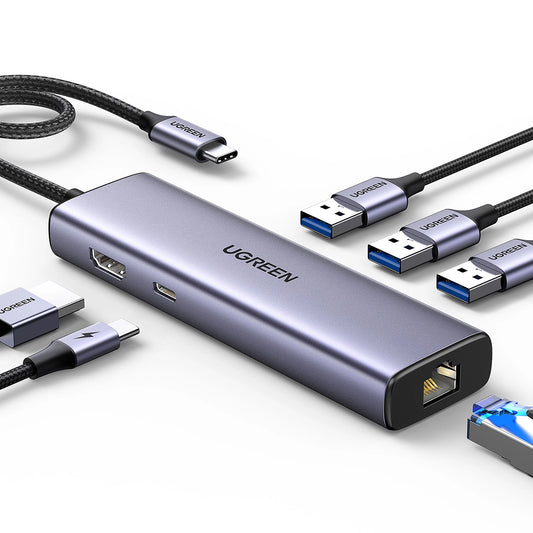 HUB Ugreen CM512 15598 6in1 USB-C - 3x USB-A 3.0 / HDMI / RJ45 / USB-C PD - gray_0