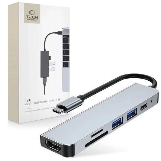 HUB Tech-Protect V4 6in1 USB-C - USB-A 3.0 / USB-A 2.0 / USB-C / HDMI / micro SD / TF / SD card reader - gray_0