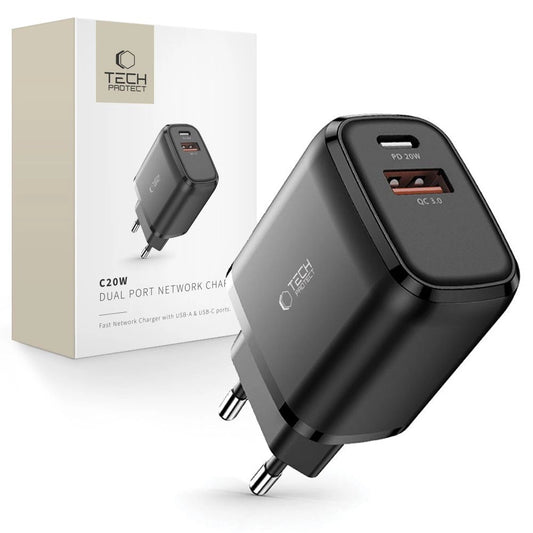 Tech-Protect C20W Charger USB-C PD 20W / USB-A QC 3.0 - Black_0
