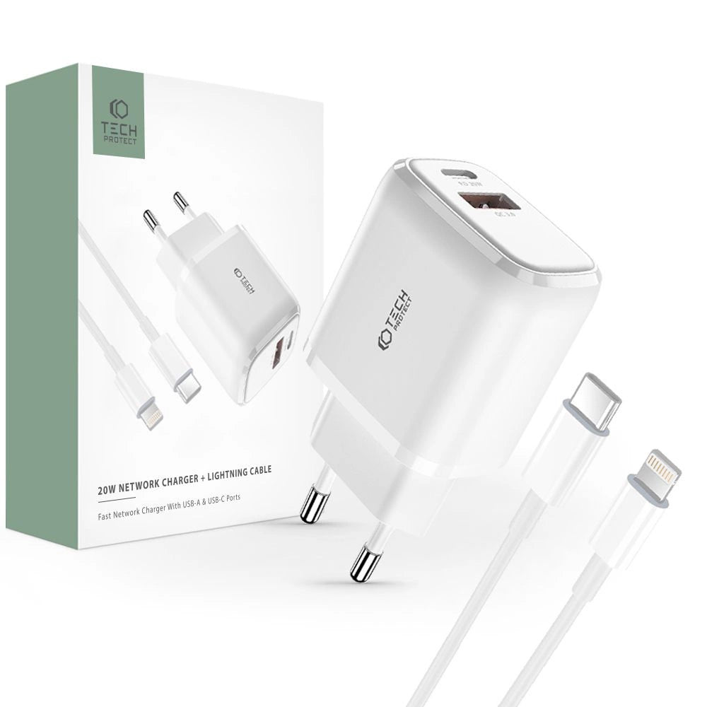 Tech-Protect C20W USB-C PD 20W / USB-A QC 3.0 Charger with USB-C / Lightning Cable - White_0