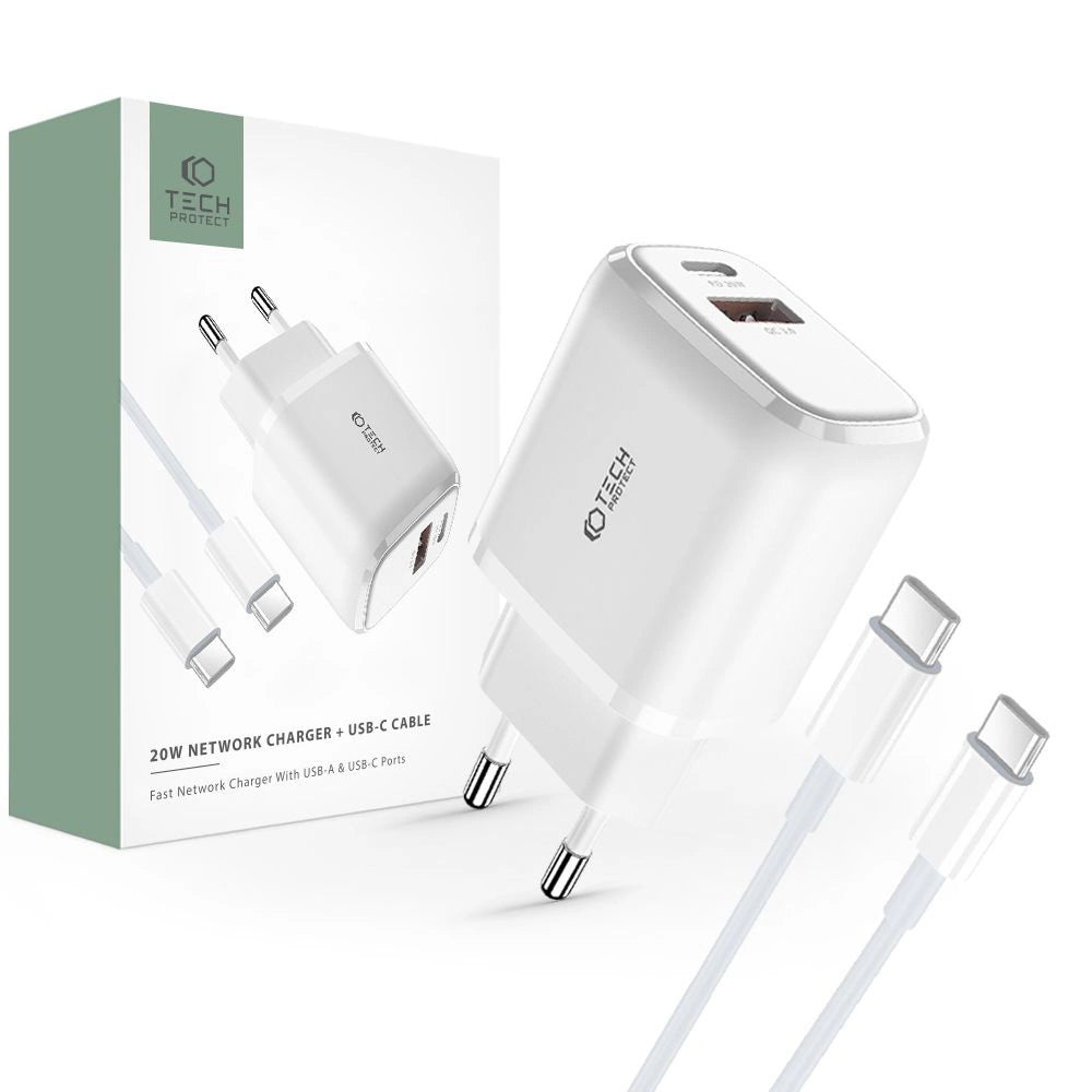 Tech-Protect C20W USB-C PD 20W / USB-A QC 3.0 charger with USB-C / USB-C cable - white_0