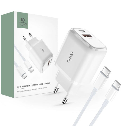 Tech-Protect C20W USB-C PD 20W / USB-A QC 3.0 charger with USB-C / USB-C cable - white_0