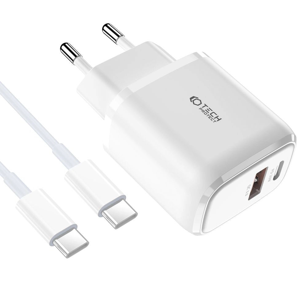 Tech-Protect C20W USB-C PD 20W / USB-A QC 3.0 charger with USB-C / USB-C cable - white_1
