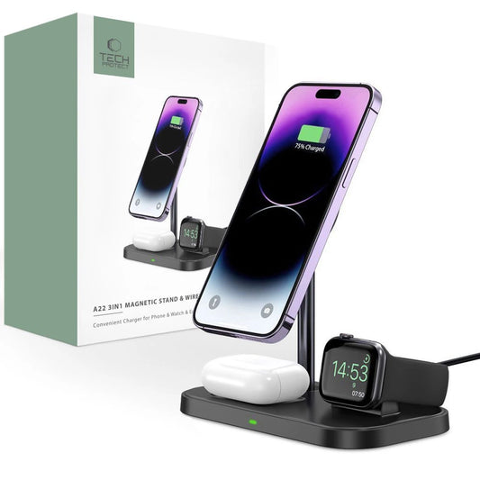 Tech-Protect QI15W-A22 MagSafe Inductive Charger with 3in1 MagSafe Stand for Smartphone / Apple Watch / AirPods - Black_0