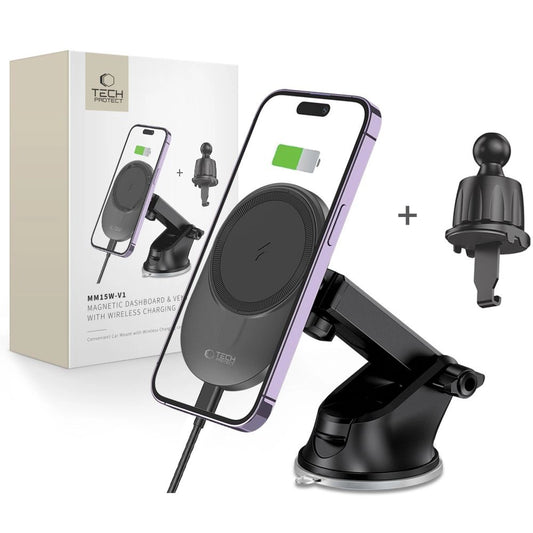 Tech-Protect MM15W-V1 Car Phone Holder with MagSafe 15W Wireless Charger for Cockpit/Air Vent - Black_0