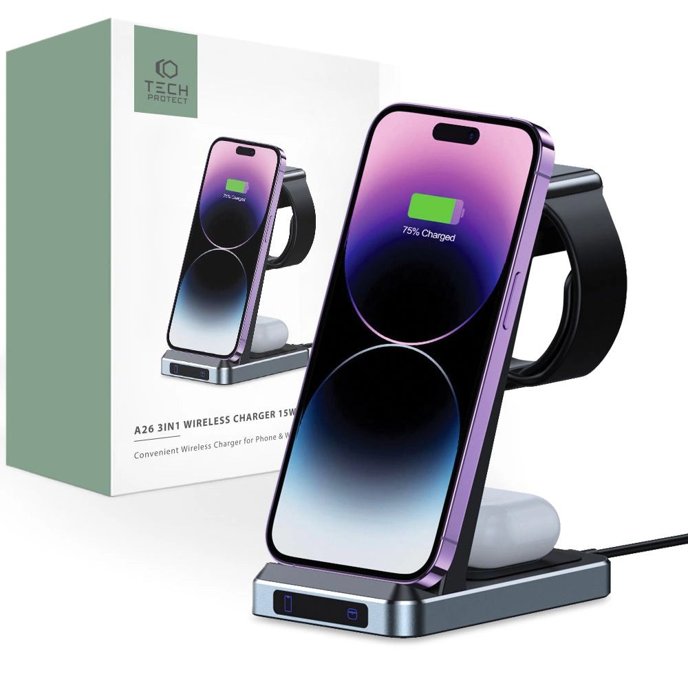 Tech-Protect QI15W-A26 Inductive Charger 15W 3in1 for Smartphone / Headphones / Apple Watch - Black_0