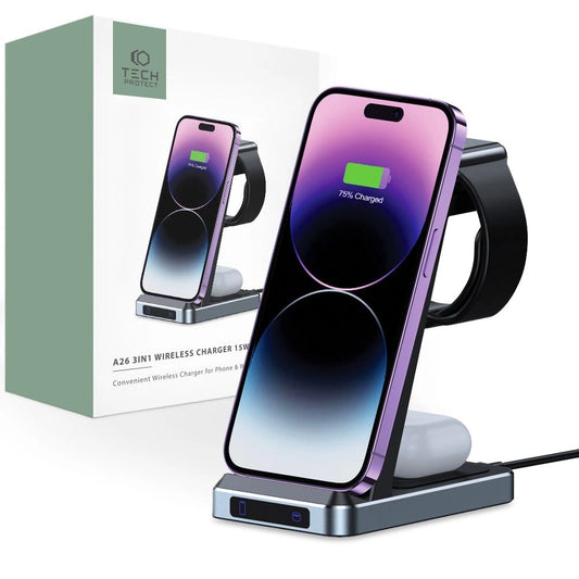 Tech-Protect QI15W-A26 Inductive Charger 15W 3in1 for Smartphone / Headphones / Apple Watch - Black_0