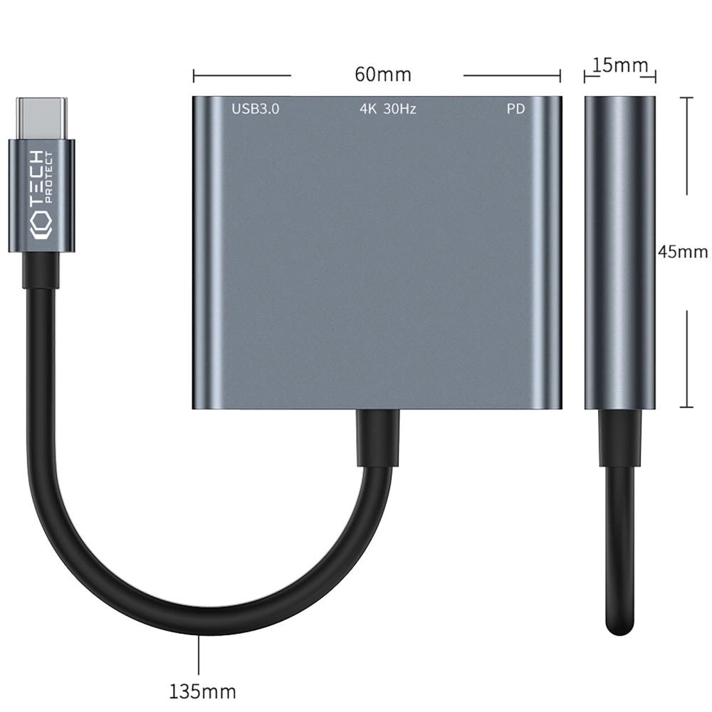 HUB Tech-Protect V1 3in1 USB-C - USB-A 3.0 / USB-C PD 100W / HDMI 4K 30Hz - gray_3