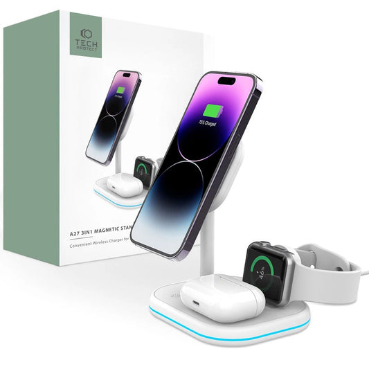 Tech-Protect QI15W-A27 3-in-1 inductive charger with MagSafe stand for smartphone / Apple Watch / AirPods - white_0