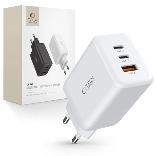 Tech-Protect C65W charger 2x USB-C PD 65W / USB-A QC 3.0 - white_0